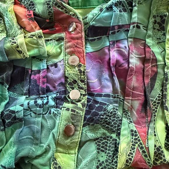 Cocomo Y2K Paisley Blouse 1X Plus Boho Roll Tab Green Stretchy Pleated Abstract - Picture 7 of 11